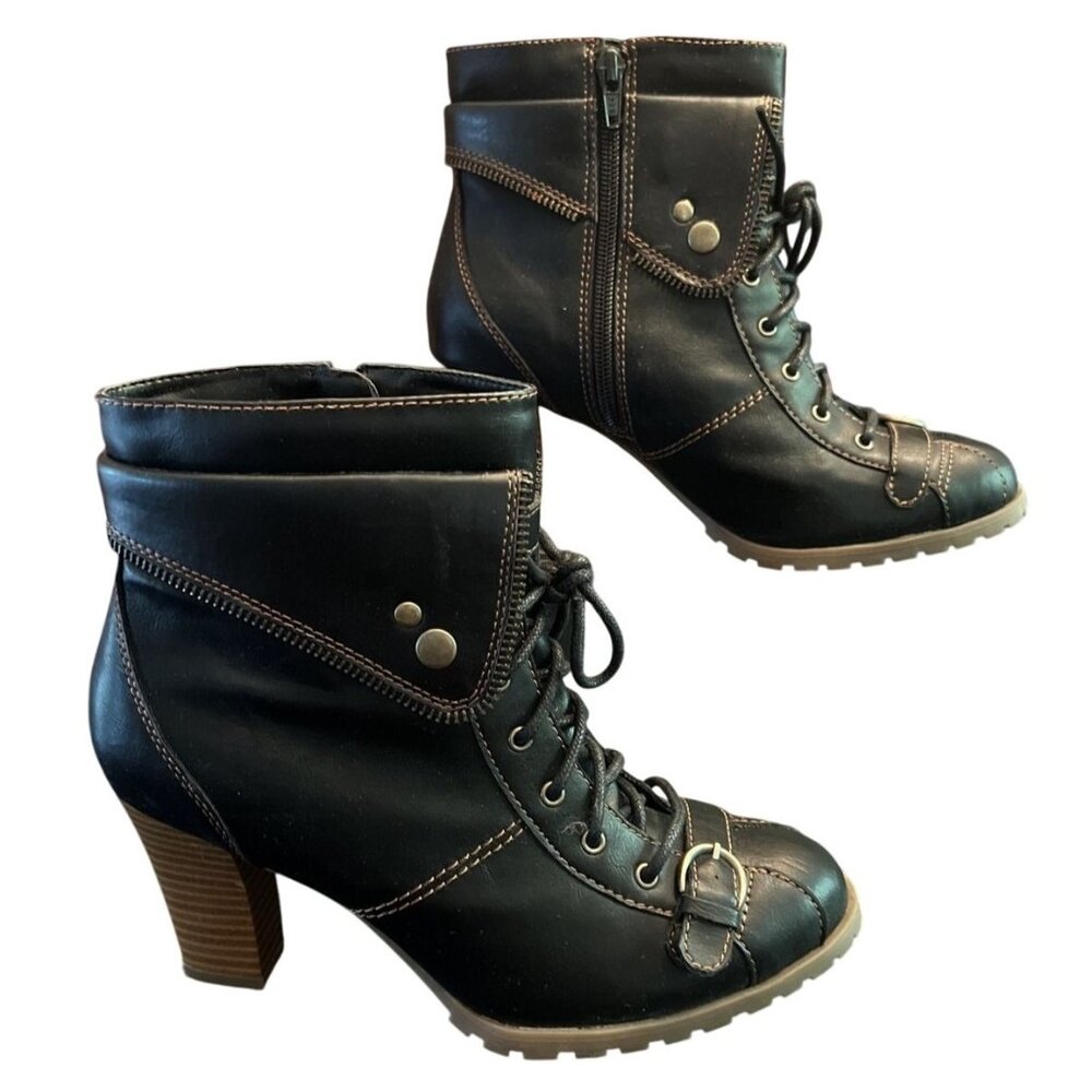 Ruff Hewn Hawthorn Black Leather Heeled Ankle Boots Lace-Up Side Zip Size 8.5